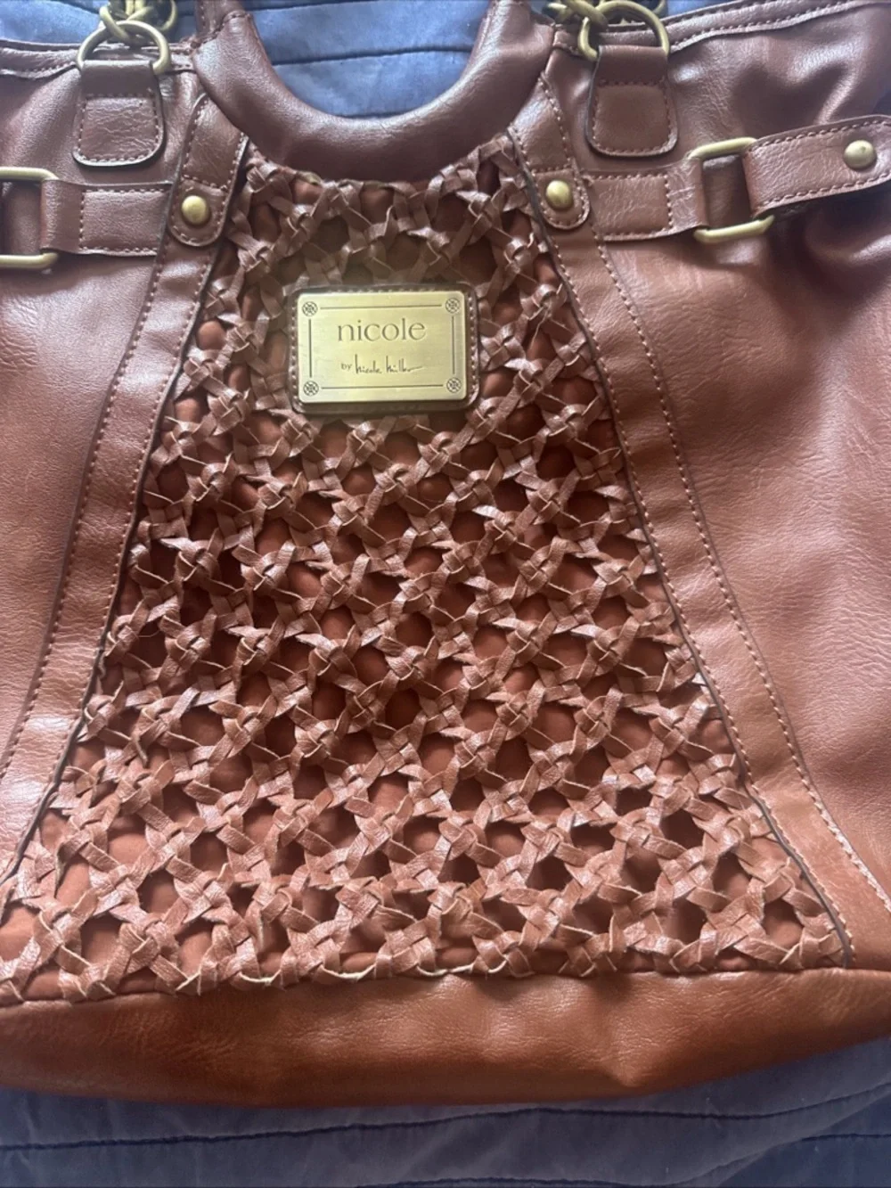 Nicole Miller Brown Woven‎ Front Tote with Gold Plaque